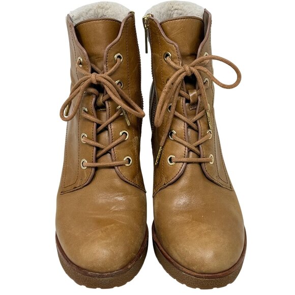 Michael Kors Women Kim Tan Ankle Boots 8M Leather Faux Sherpa Fur Utility Gorp - Picture 3 of 11